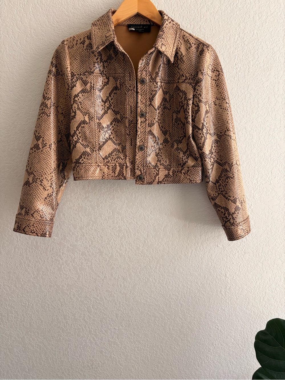 Anthropologie Current Air Python Print Textured Cropped Trucker Jacket Sz XSP